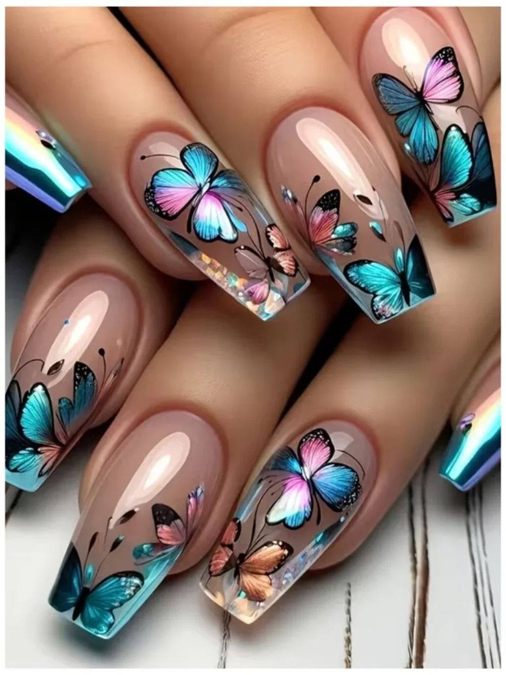 NWT Cozy Teal Chrome Long Coffin Press On Nails Butterfly Art Accent Manicure
